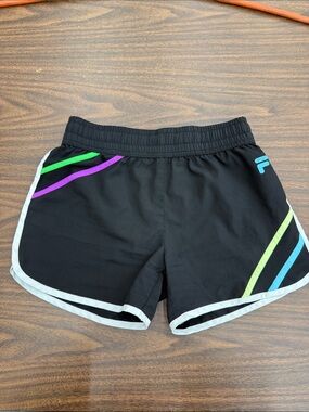 Fila Black Athletic Shorts with Green, Purple & Blue Stripes
